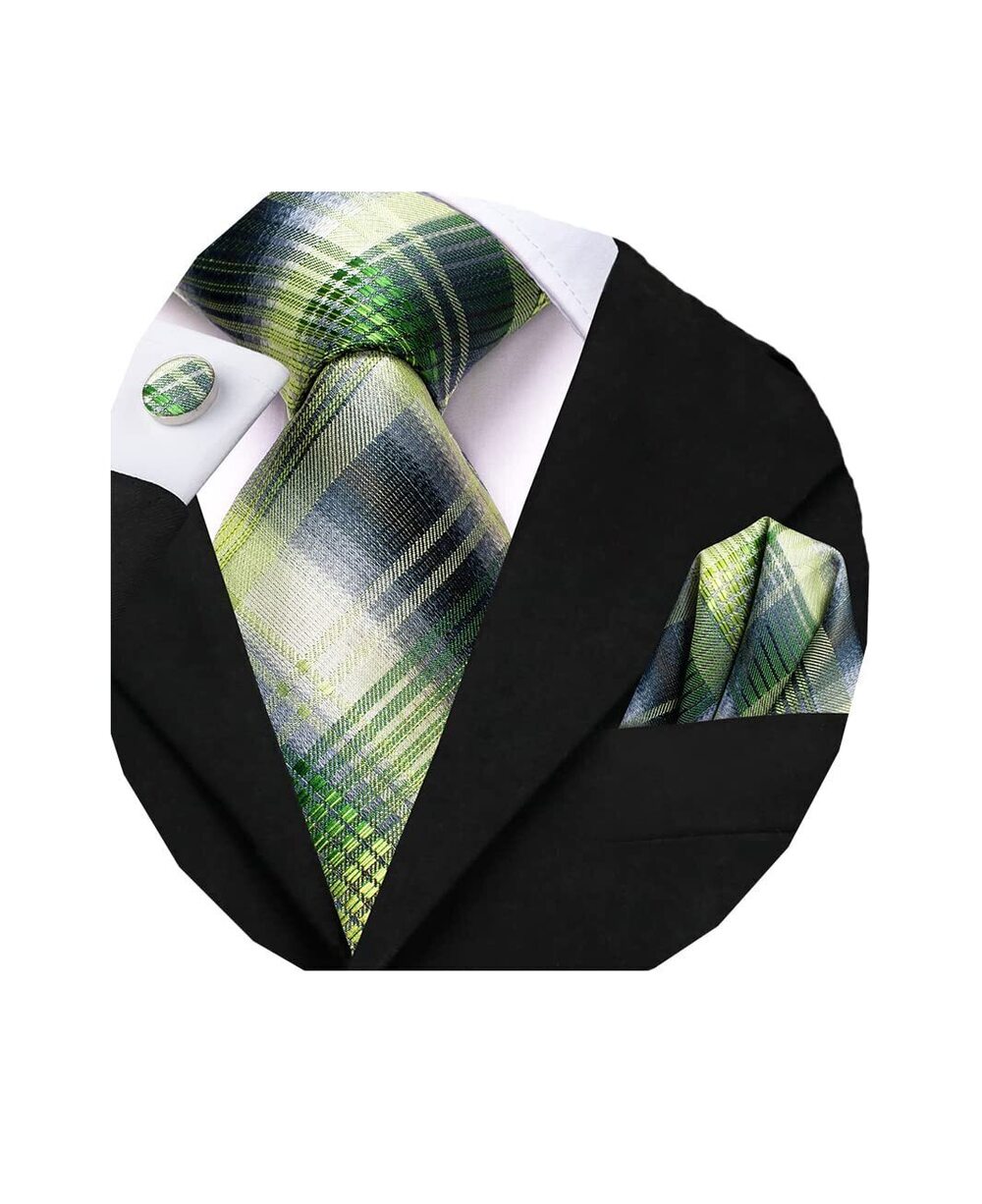 7150 Paisley Striped Tie Green WOVEN Necktie and Handkerchief Cufflinks Set